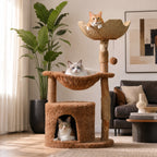 EcoPawPaw 102cm Natural Wood Cat Tree with Woven Basket & Cozy Cat House