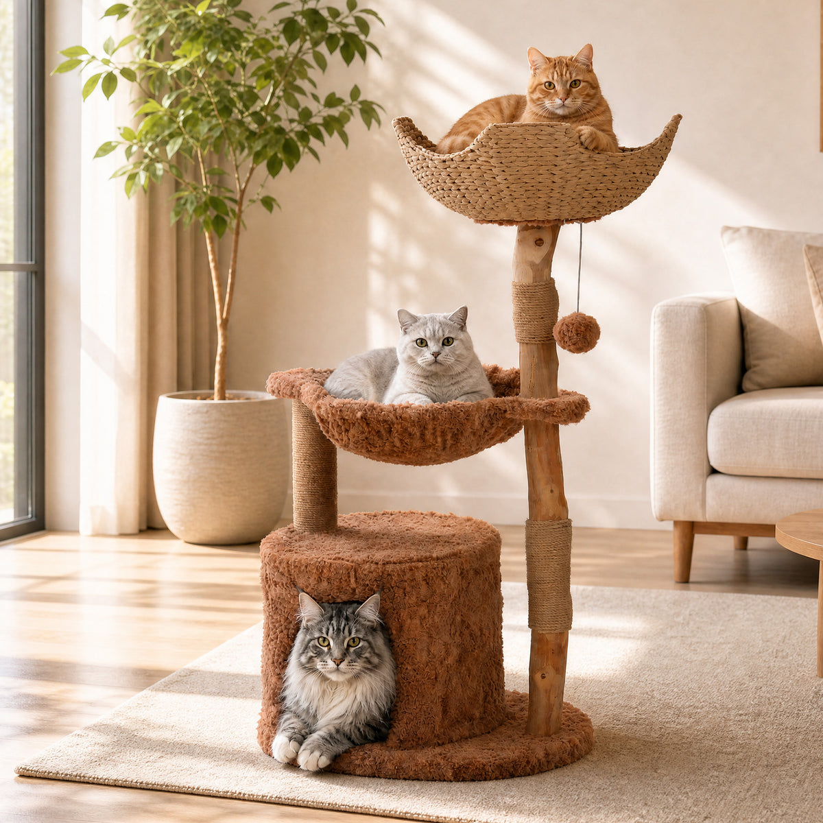 EcoPawPaw 102cm Natural Wood Cat Tree with Woven Basket & Cozy Cat House