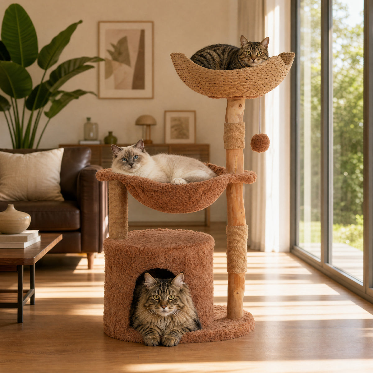 EcoPawPaw 102cm Natural Wood Cat Tree with Woven Basket & Cozy Cat House