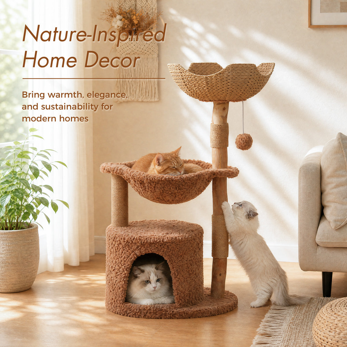 EcoPawPaw 102cm Natural Wood Cat Tree with Woven Basket & Cozy Cat House