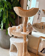Modern Wooden Cat Tree with Woven Basket & Condo
