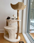 Modern Wooden Cat Tree with Woven Basket & Condo