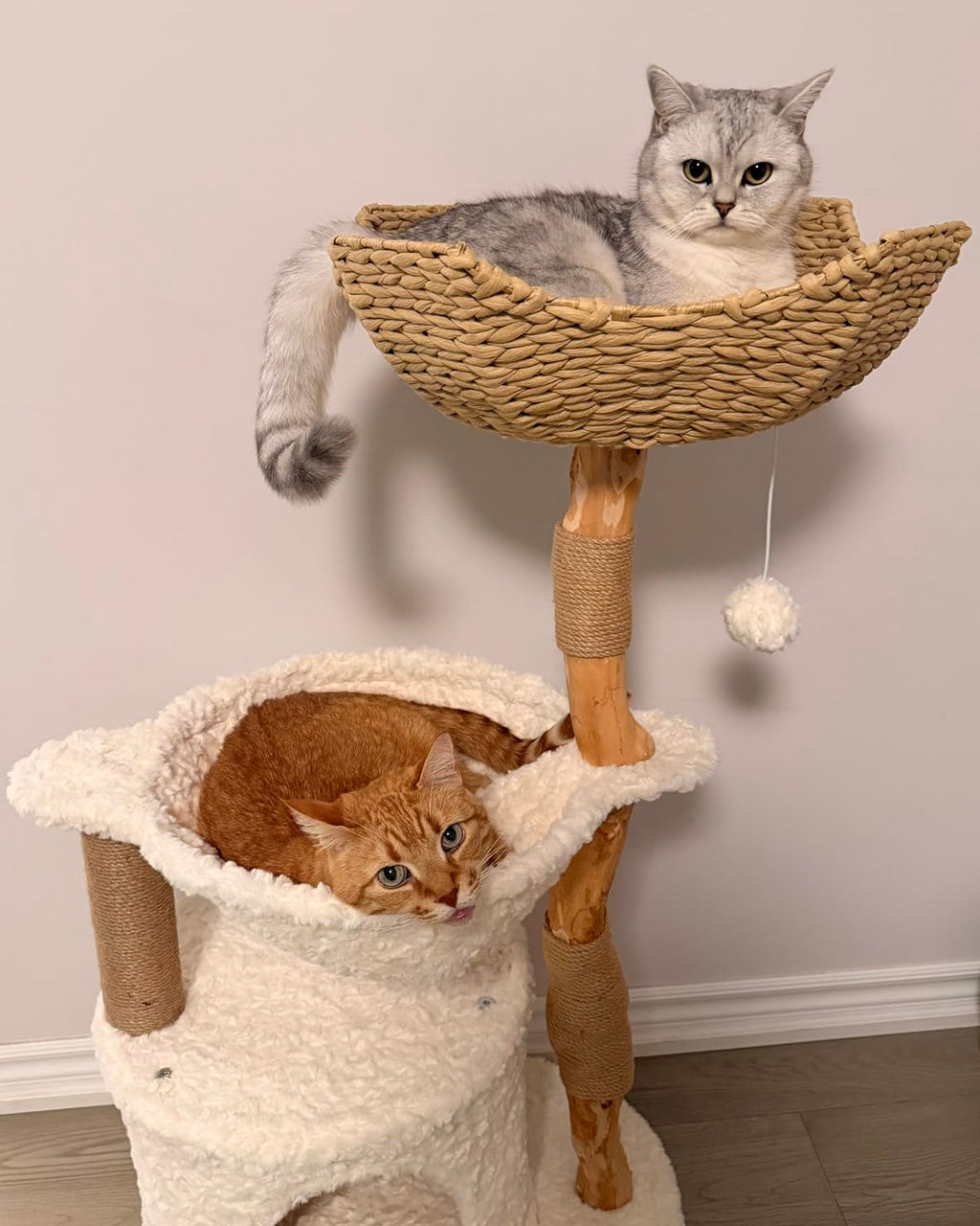 Modern Wooden Cat Tree with Woven Basket & Condo