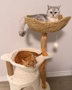 Modern Wooden Cat Tree with Woven Basket & Condo