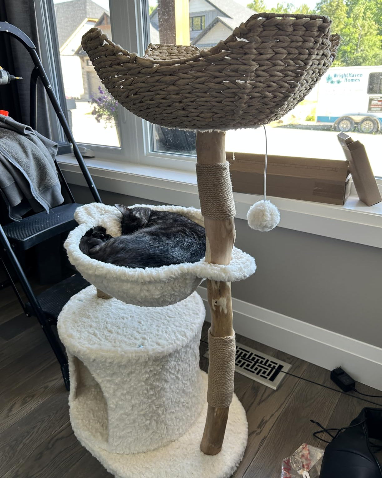 Modern Wooden Cat Tree with Woven Basket & Condo
