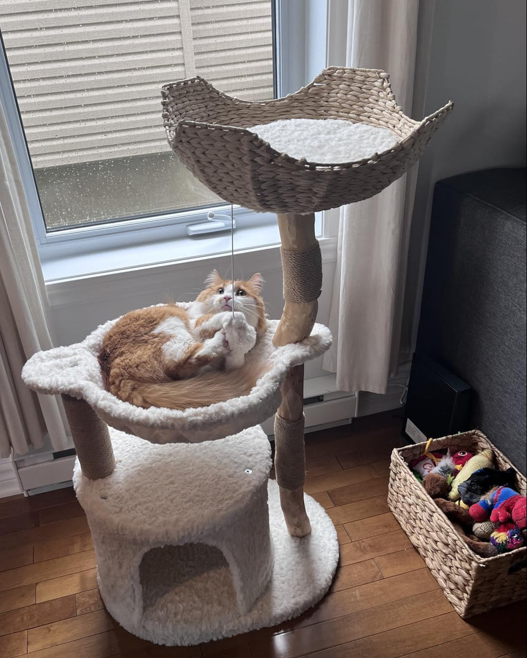 Modern Wooden Cat Tree with Woven Basket & Condo