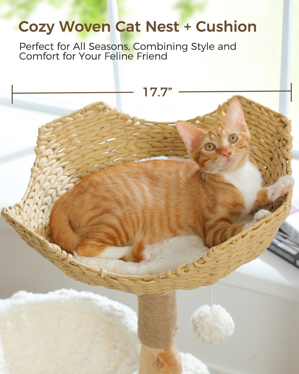 Modern Wooden Cat Tree with Woven Basket & Condo