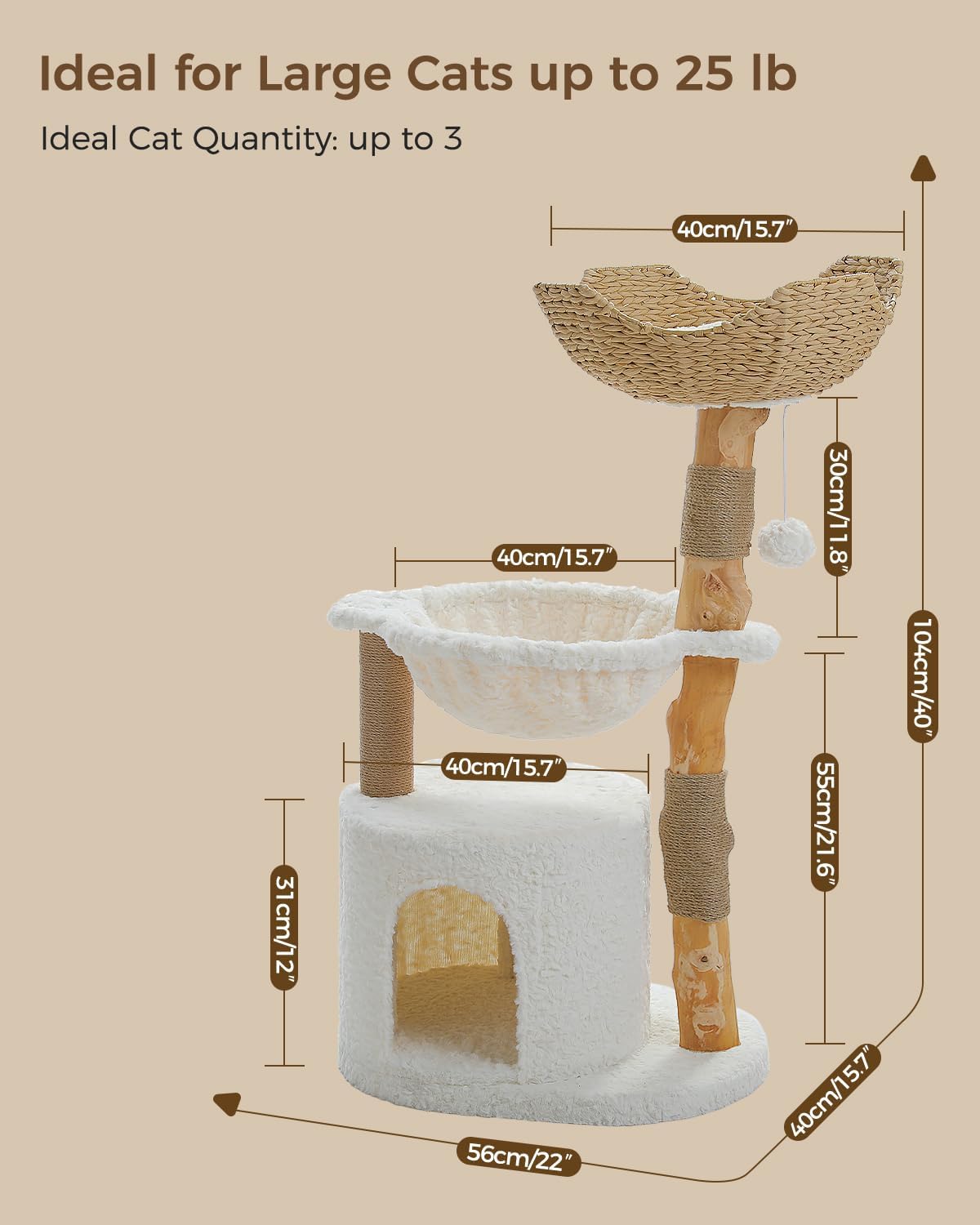 Modern Wooden Cat Tree with Woven Basket & Condo