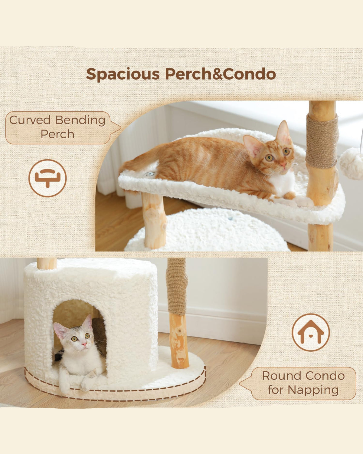 Natural Wood Cat Tree with Deep Wicker Basket