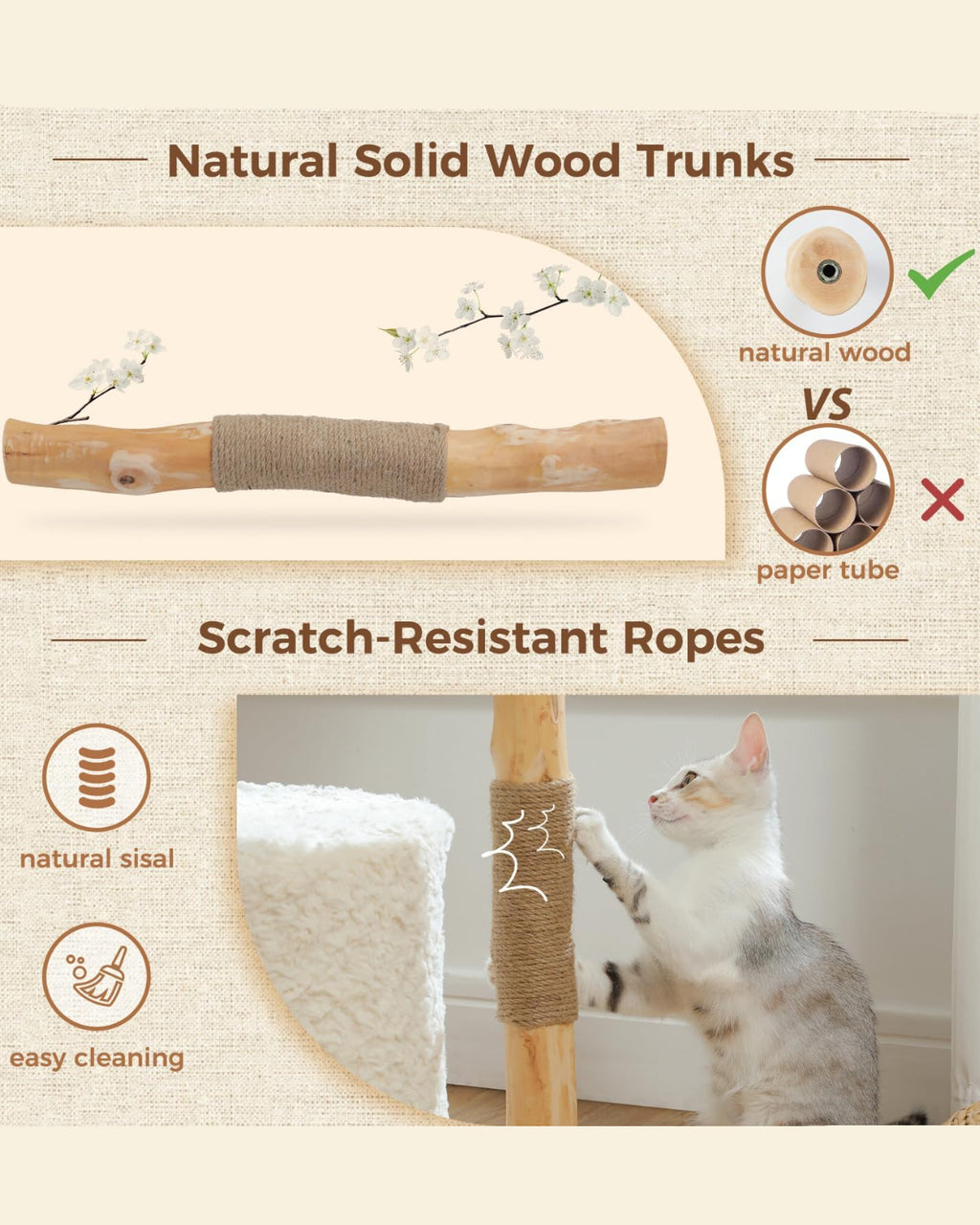 Natural Wood Cat Tree with Deep Wicker Basket