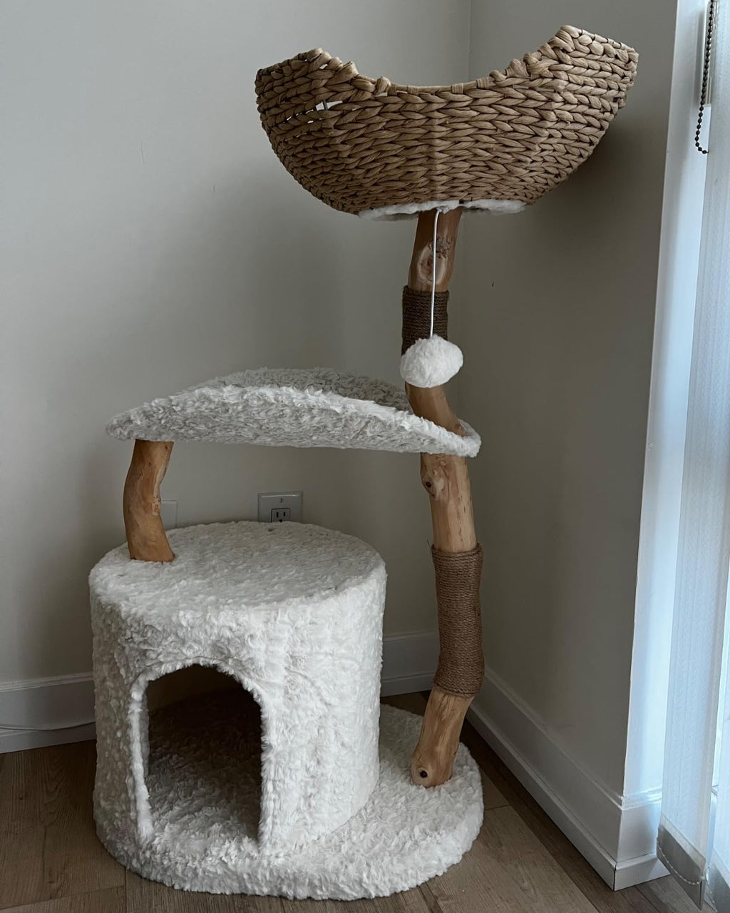 Natural Wood Cat Tree with Deep Wicker Basket
