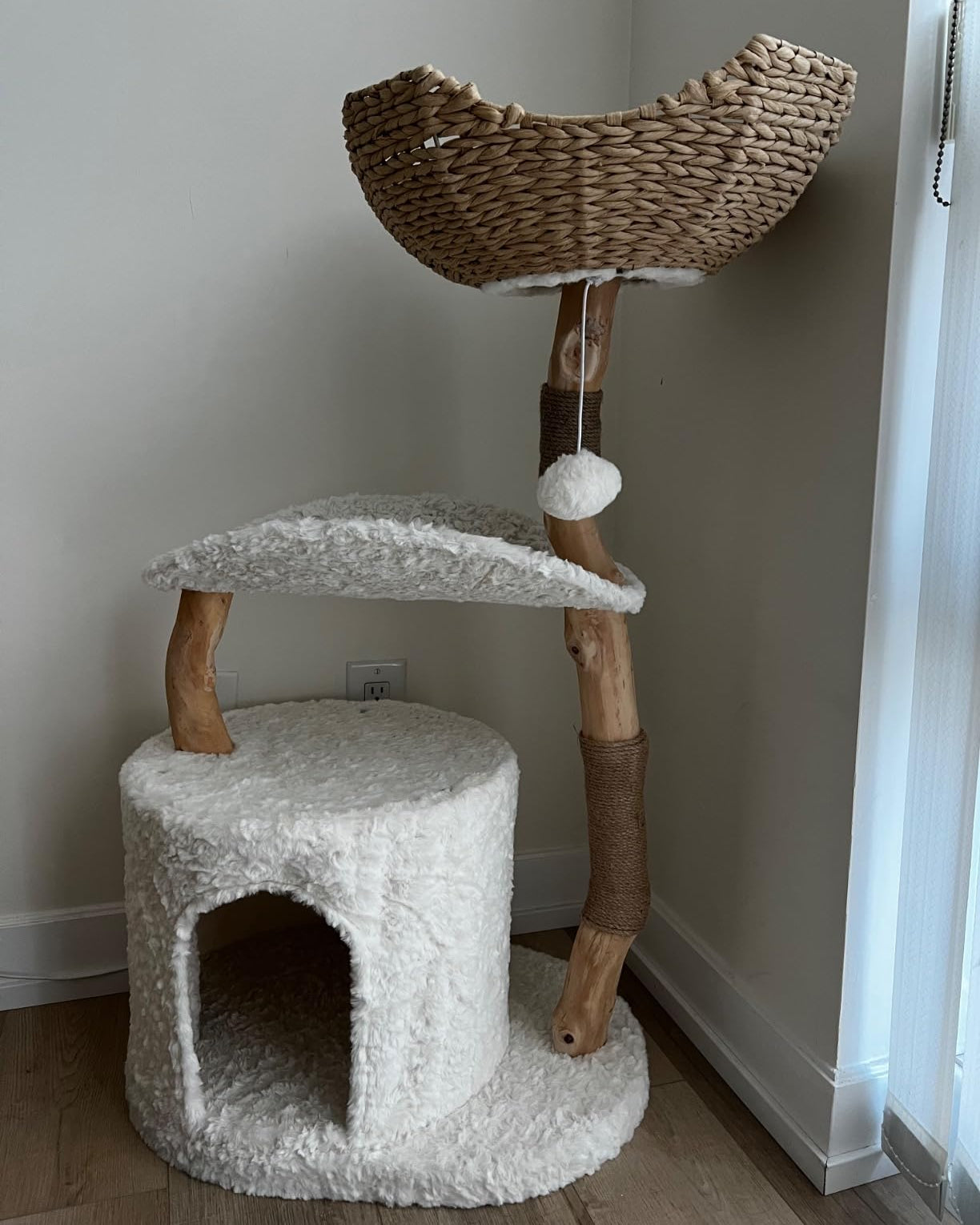 Natural Wood Cat Tree with Deep Wicker Basket