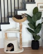 Natural Wood Cat Tree with Deep Wicker Basket