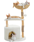 Natural Wood Cat Tree with Deep Wicker Basket