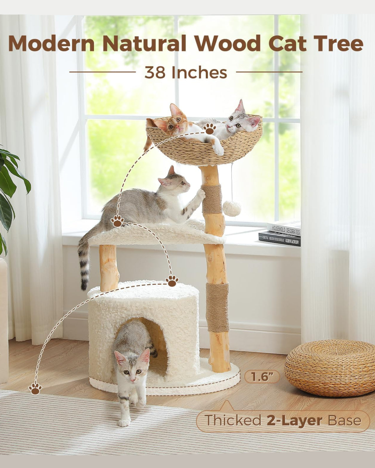 Natural Wood Cat Tree with Deep Wicker Basket