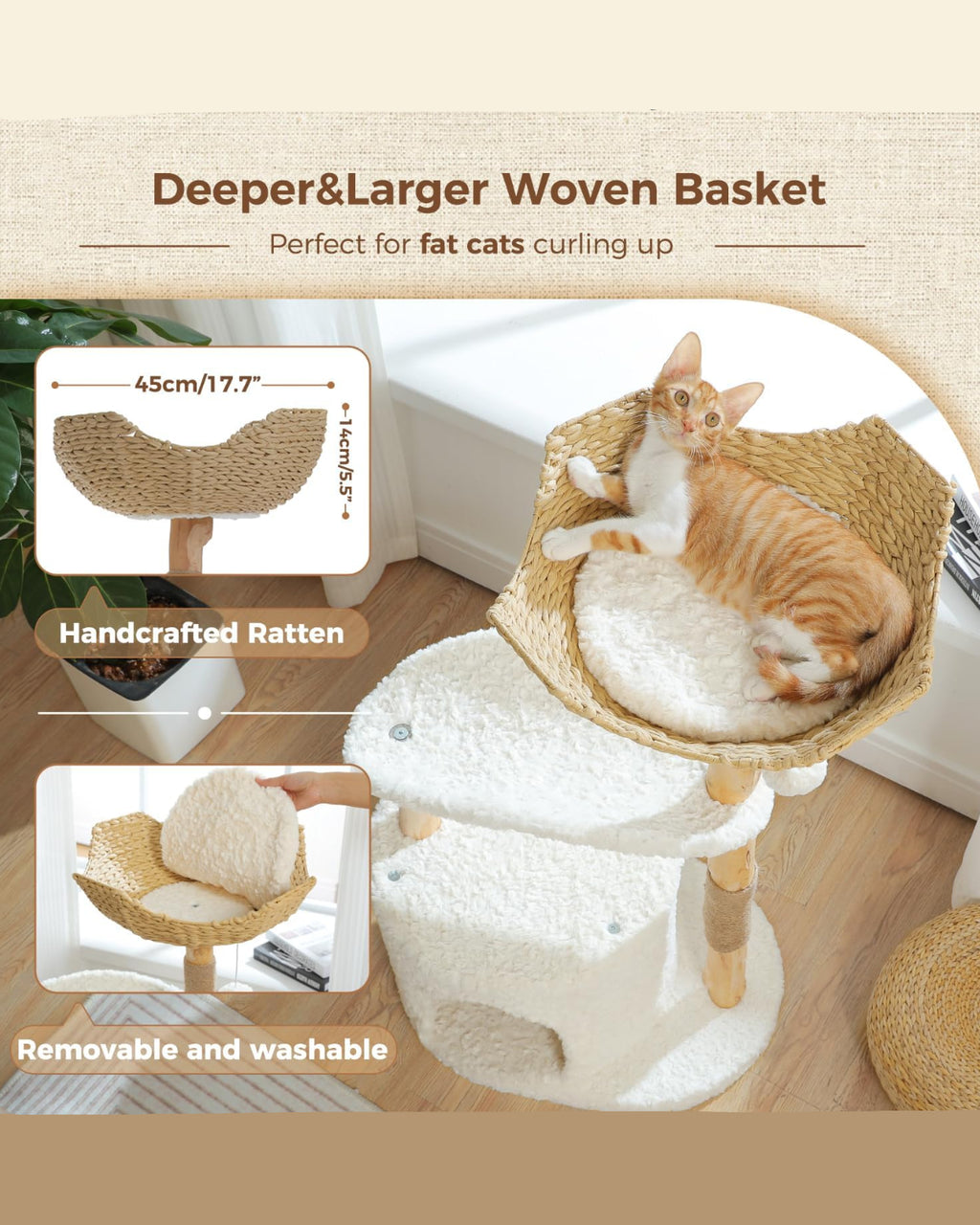 Natural Wood Cat Tree with Deep Wicker Basket