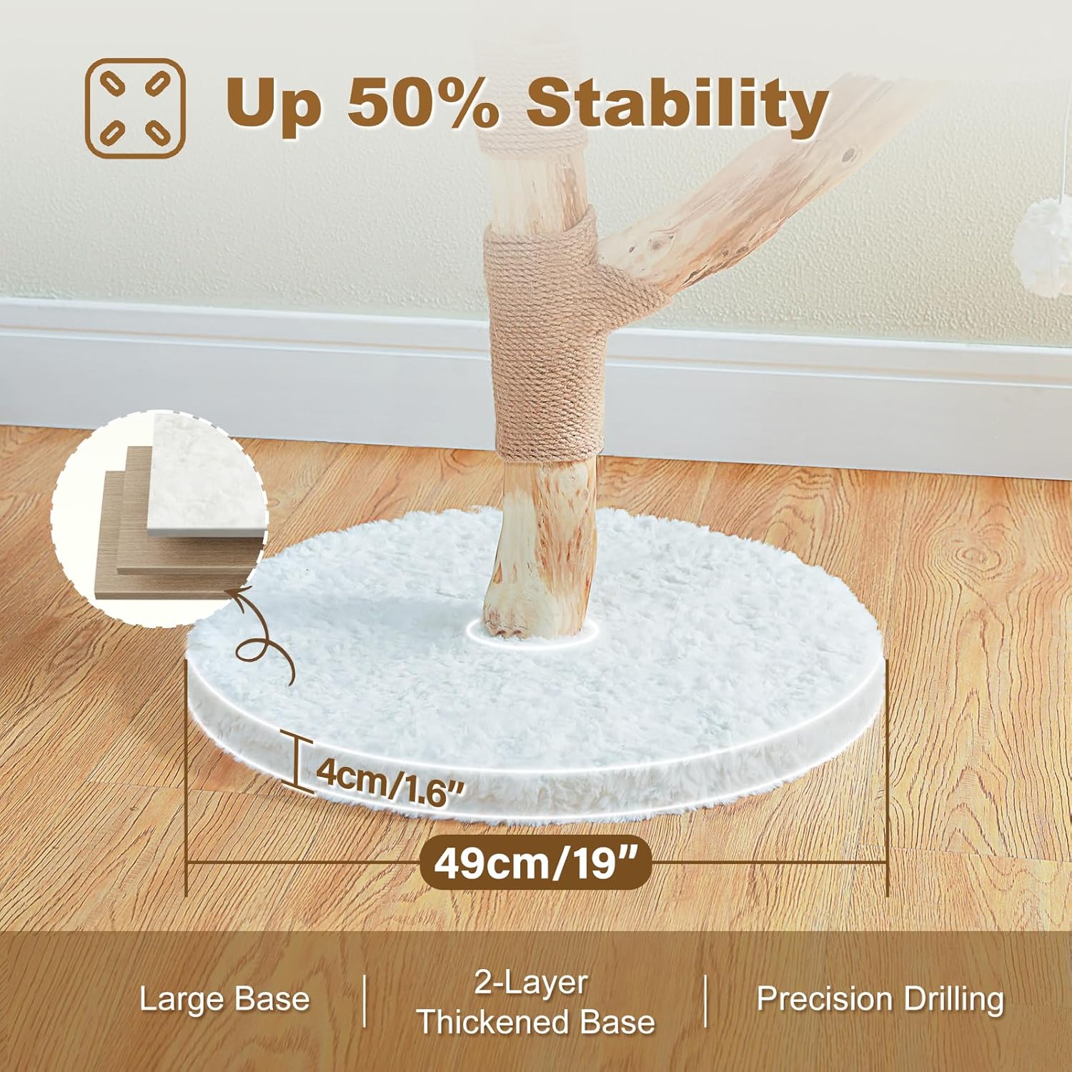 Cat tree base diagram showing 49 cm diameter and a two-layer base