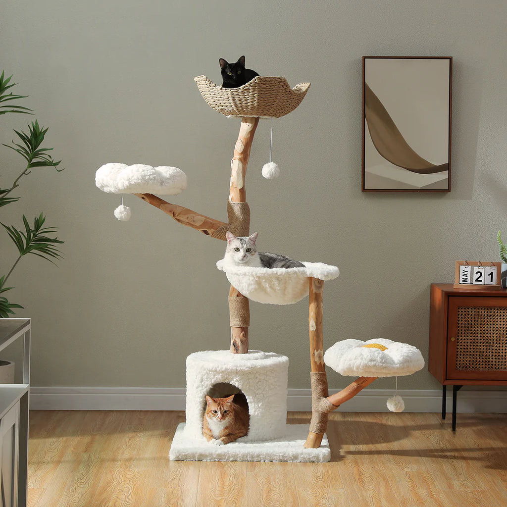 Natural Solid Wood Cat Tree with Flower Perches
