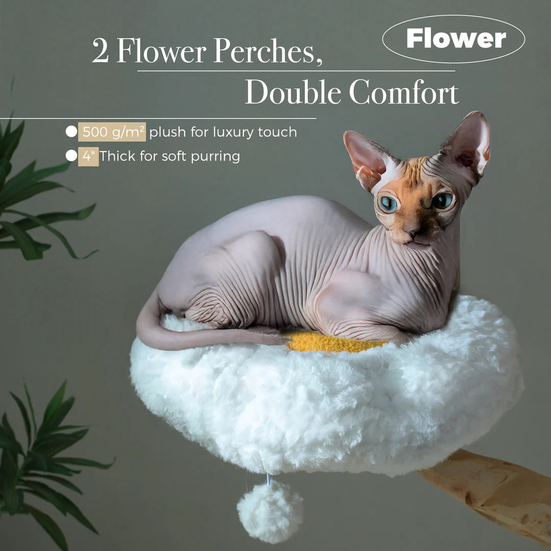 Natural Solid Wood Cat Tree with Flower Perches