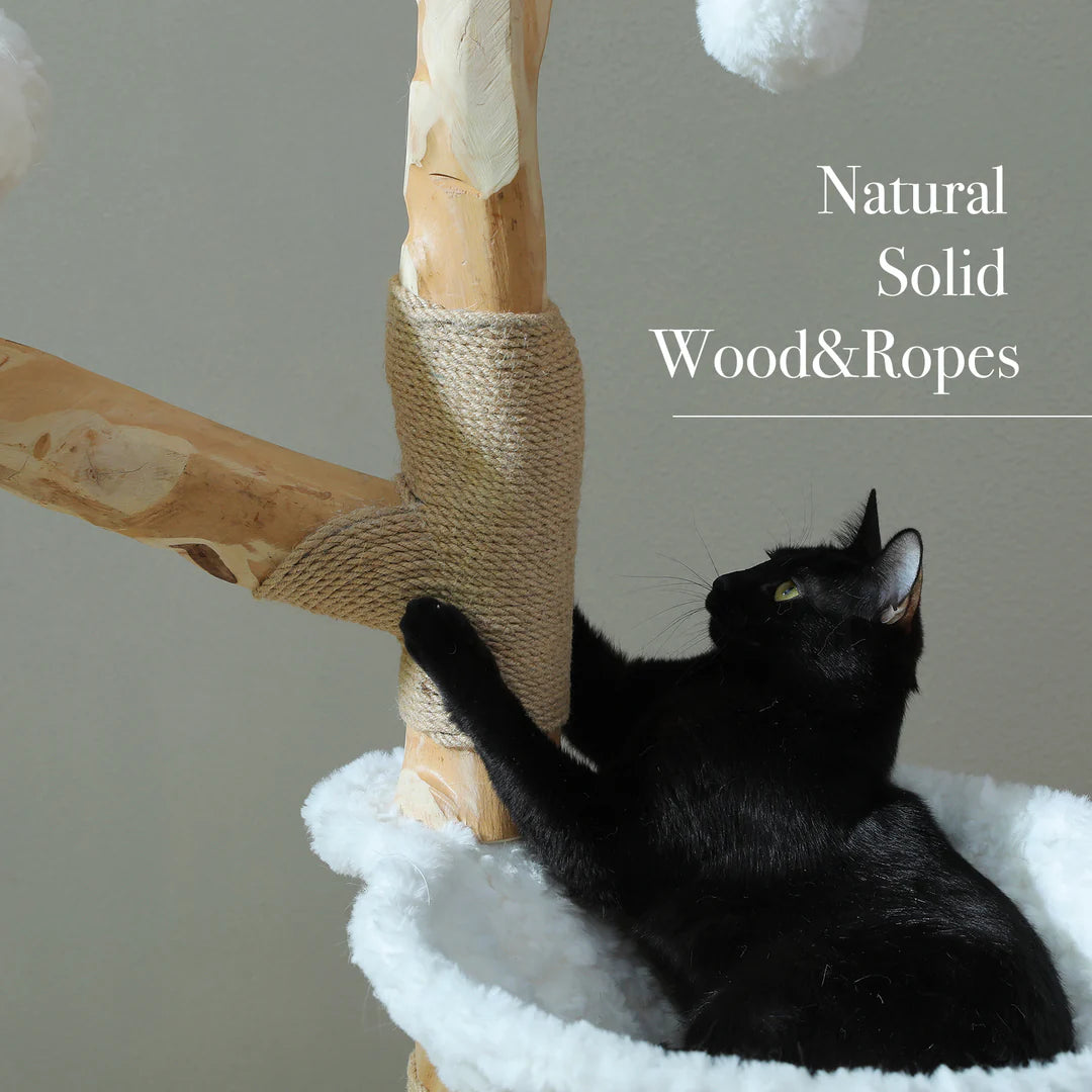 Natural Solid Wood Cat Tree with Flower Perches