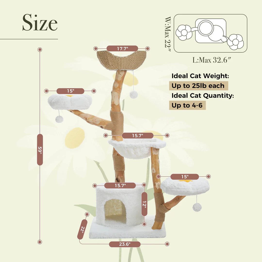 Natural Solid Wood Cat Tree with Flower Perches