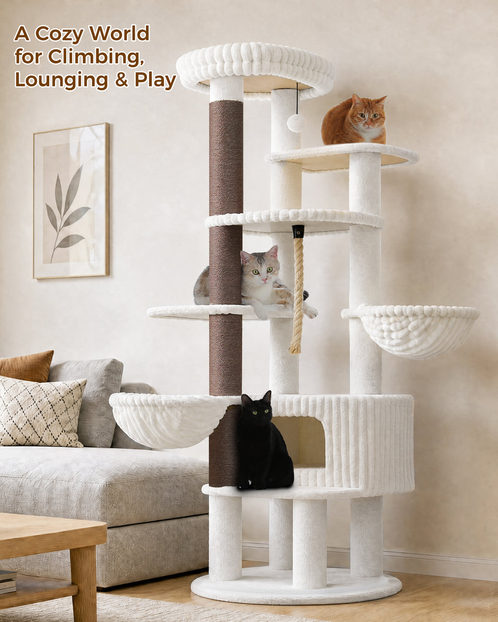 EcoPawPaw 188cm Luxury XXL Cat Tree for Large Cats – Heavy-Duty Multi-Level Cat Tower with 2 Hammocks, Large Condo & 8.9cm Thick Scratching Post