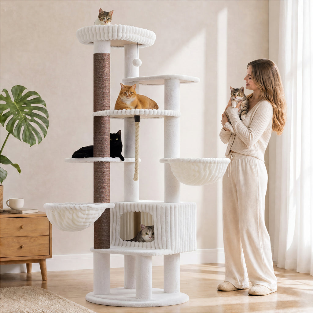 EcoPawPaw 188cm Luxury XXL Cat Tree for Large Cats – Heavy-Duty Multi-Level Cat Tower with 2 Hammocks, Large Condo & 8.9cm Thick Scratching Post