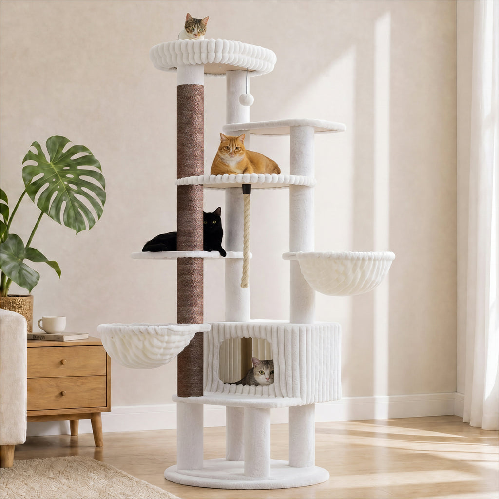 EcoPawPaw 188cm Luxury XXL Cat Tree for Large Cats – Heavy-Duty Multi-Level Cat Tower with 2 Hammocks, Large Condo & 8.9cm Thick Scratching Post