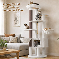 EcoPawPaw 188cm Luxury XXL Cat Tree for Large Cats – Heavy-Duty Multi-Level Cat Tower with 2 Hammocks, Large Condo & 8.9cm Thick Scratching Post