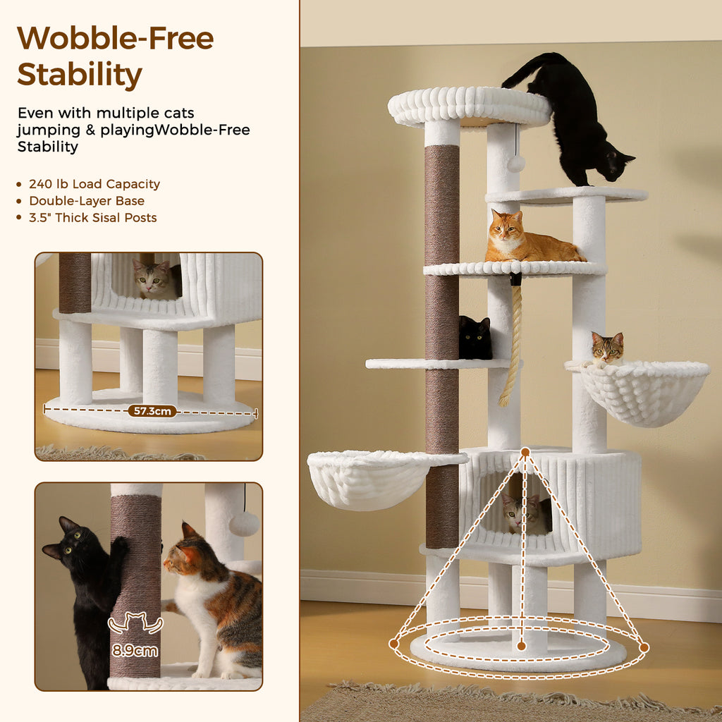 EcoPawPaw 188cm Luxury XXL Cat Tree for Large Cats – Heavy-Duty Multi-Level Cat Tower with 2 Hammocks, Large Condo & 8.9cm Thick Scratching Post
