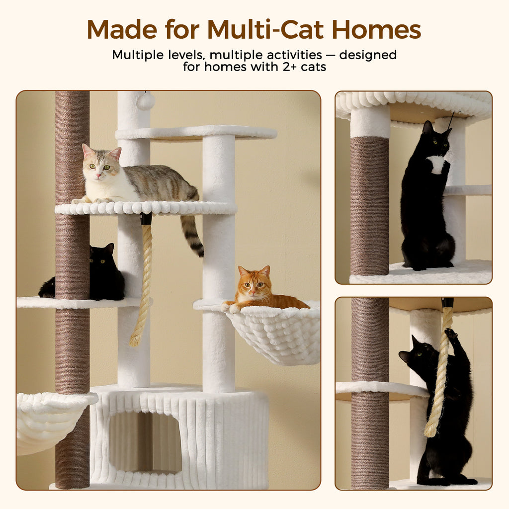 EcoPawPaw 188cm Luxury XXL Cat Tree for Large Cats – Heavy-Duty Multi-Level Cat Tower with 2 Hammocks, Large Condo & 8.9cm Thick Scratching Post