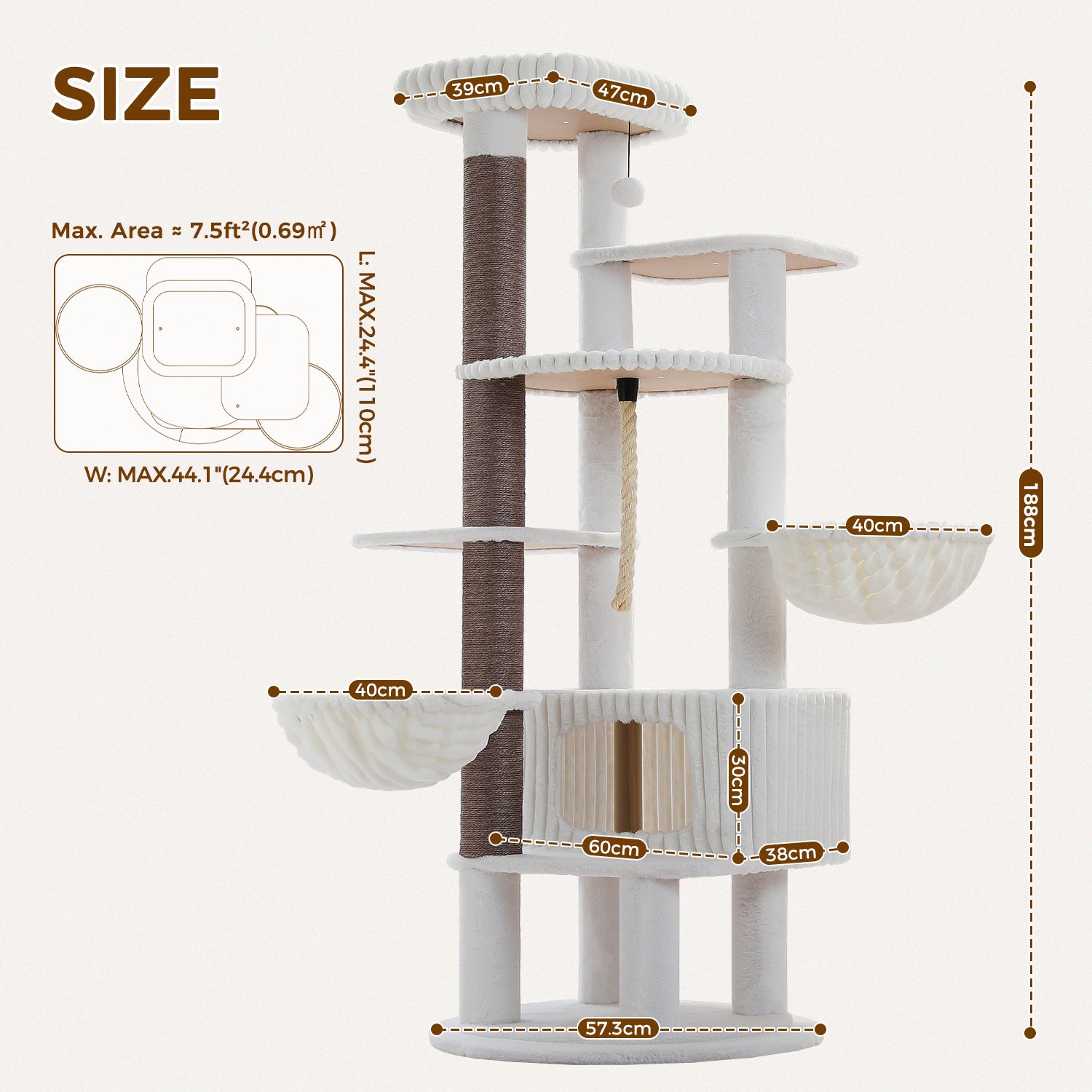 EcoPawPaw 188cm Luxury XXL Cat Tree for Large Cats – Heavy-Duty Multi-Level Cat Tower with 2 Hammocks, Large Condo & 8.9cm Thick Scratching Post