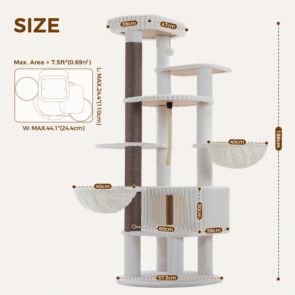 EcoPawPaw 188cm Luxury XXL Cat Tree for Large Cats – Heavy-Duty Multi-Level Cat Tower with 2 Hammocks, Large Condo & 8.9cm Thick Scratching Post
