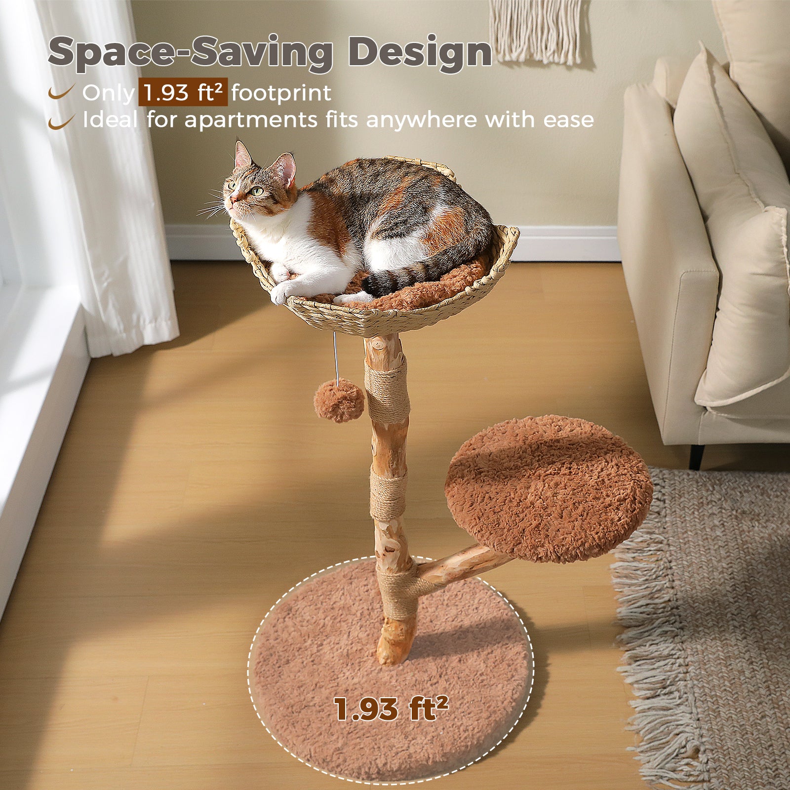 EcoPawPaw 95cm Natural Wooden Cat Tree with Handwoven Wicker Bed – Space-Saving Cat Tower for Small & Medium Cats