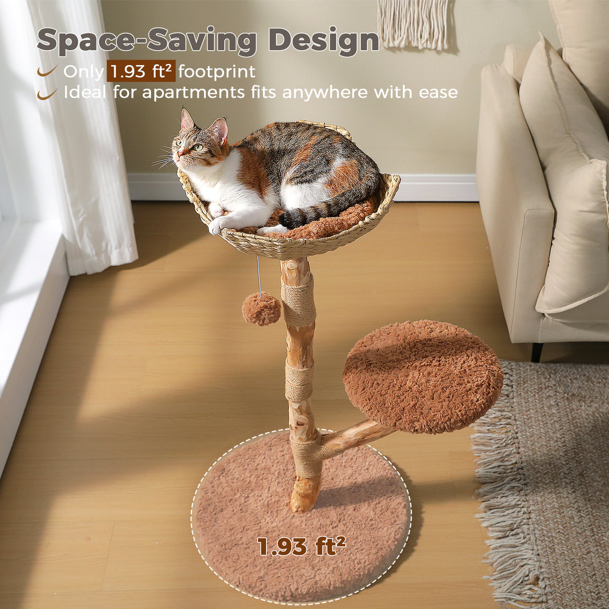EcoPawPaw 95cm Natural Wooden Cat Tree with Handwoven Wicker Bed – Space-Saving Cat Tower for Small & Medium Cats