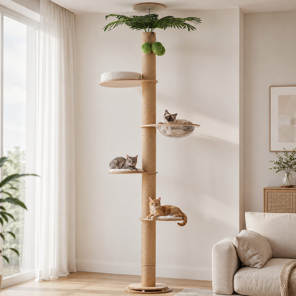 EcoPawPaw Adjustable Floor-to-Ceiling Cat Tree 245–305 cm – Tall Wooden Cat Tower with 10.5 cm Thick Sisal Post, Clear Capsule & Adjustable Platforms