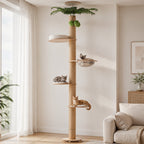 EcoPawPaw Adjustable Floor-to-Ceiling Cat Tree 245–305 cm – Tall Wooden Cat Tower with 10.5 cm Thick Sisal Post, Clear Capsule & Adjustable Platforms