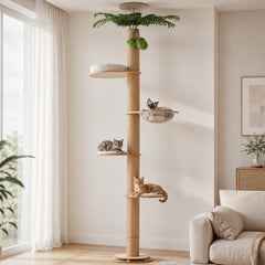 EcoPawPaw Adjustable Floor-to-Ceiling Cat Tree 245–305 cm – Tall Wooden Cat Tower with 10.5 cm Thick Sisal Post, Clear Capsule & Adjustable Platforms