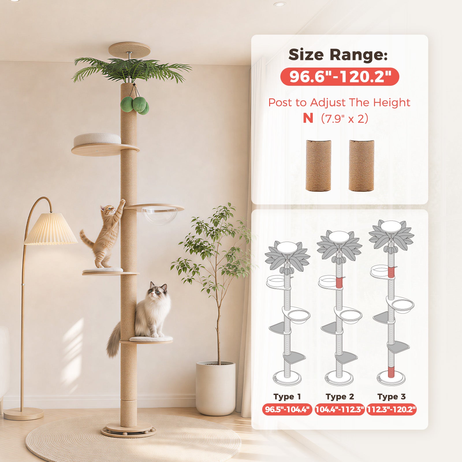 EcoPawPaw Adjustable Floor-to-Ceiling Cat Tree 245–305 cm – Tall Wooden Cat Tower with 10.5 cm Thick Sisal Post, Clear Capsule & Adjustable Platforms