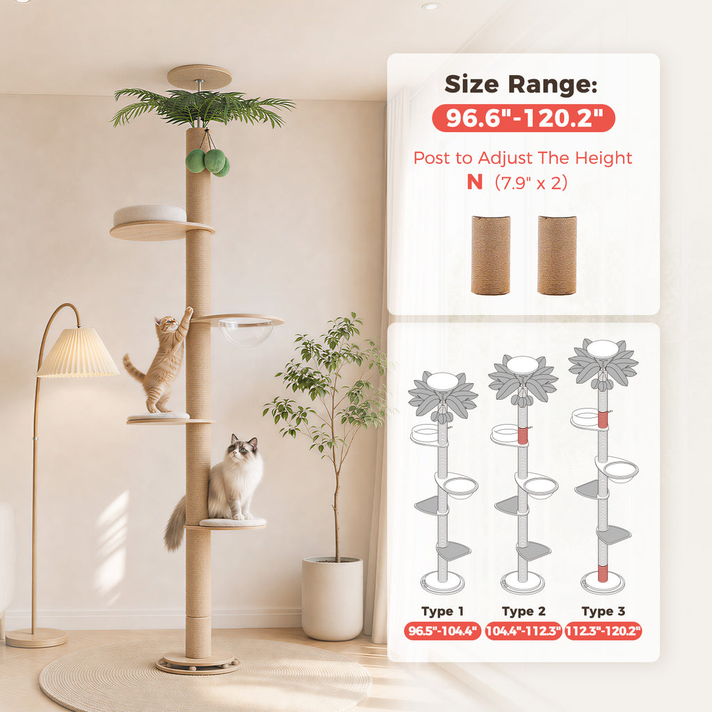 EcoPawPaw Adjustable Floor-to-Ceiling Cat Tree 245–305 cm – Tall Wooden Cat Tower with 10.5 cm Thick Sisal Post, Clear Capsule & Adjustable Platforms