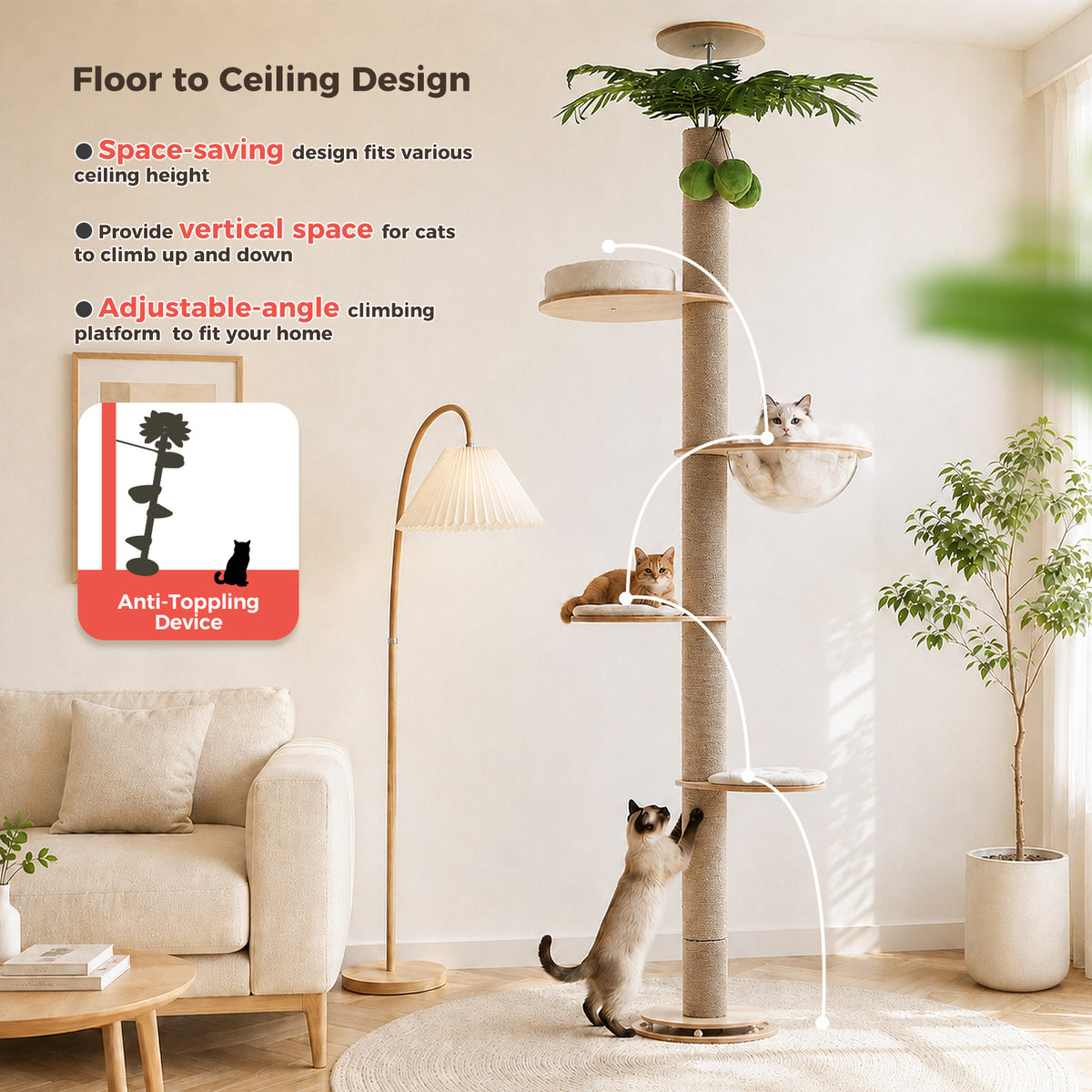 EcoPawPaw Adjustable Floor-to-Ceiling Cat Tree 245–305 cm – Tall Wooden Cat Tower with 10.5 cm Thick Sisal Post, Clear Capsule & Adjustable Platforms