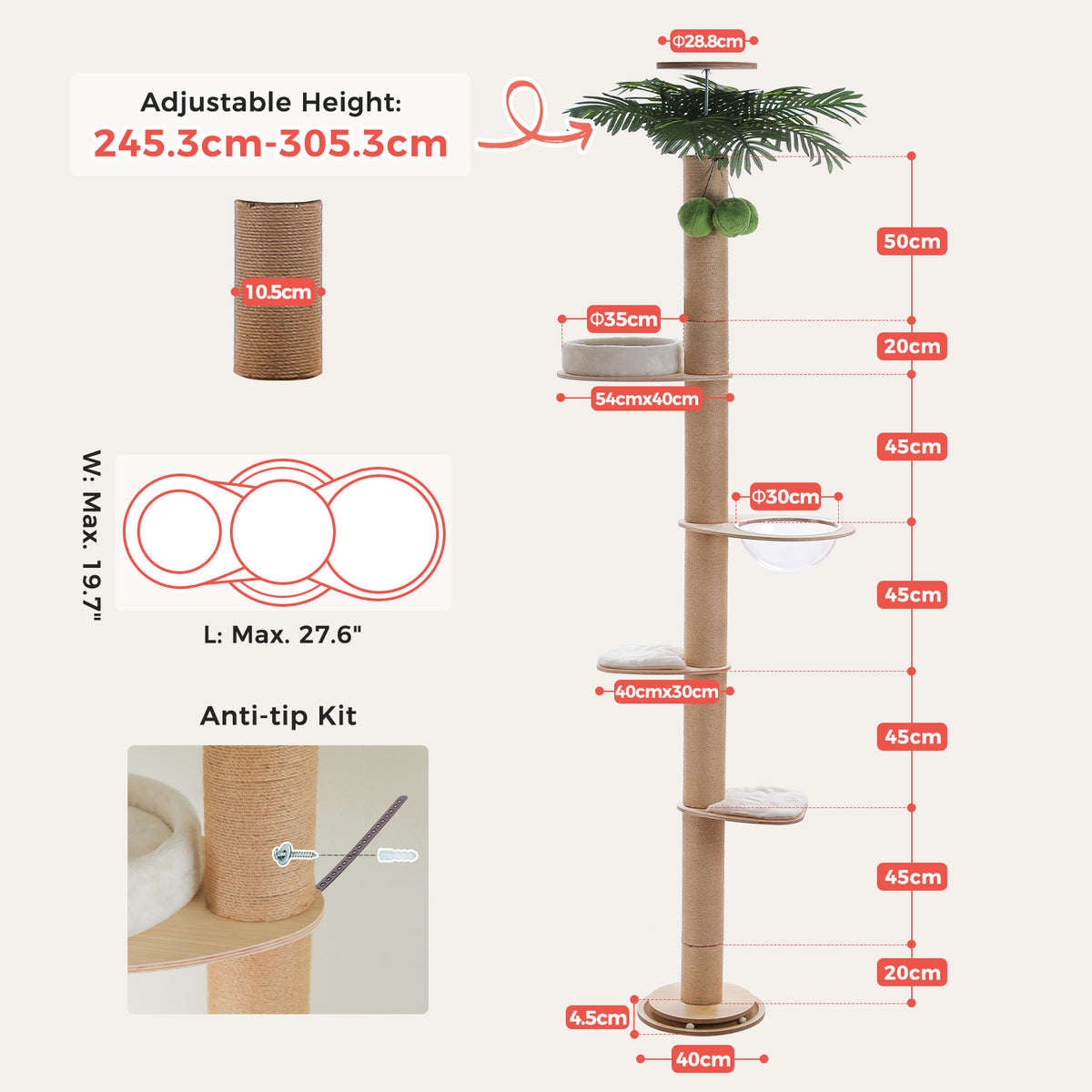 EcoPawPaw Adjustable Floor-to-Ceiling Cat Tree 245–305 cm – Tall Wooden Cat Tower with 10.5 cm Thick Sisal Post, Clear Capsule & Adjustable Platforms