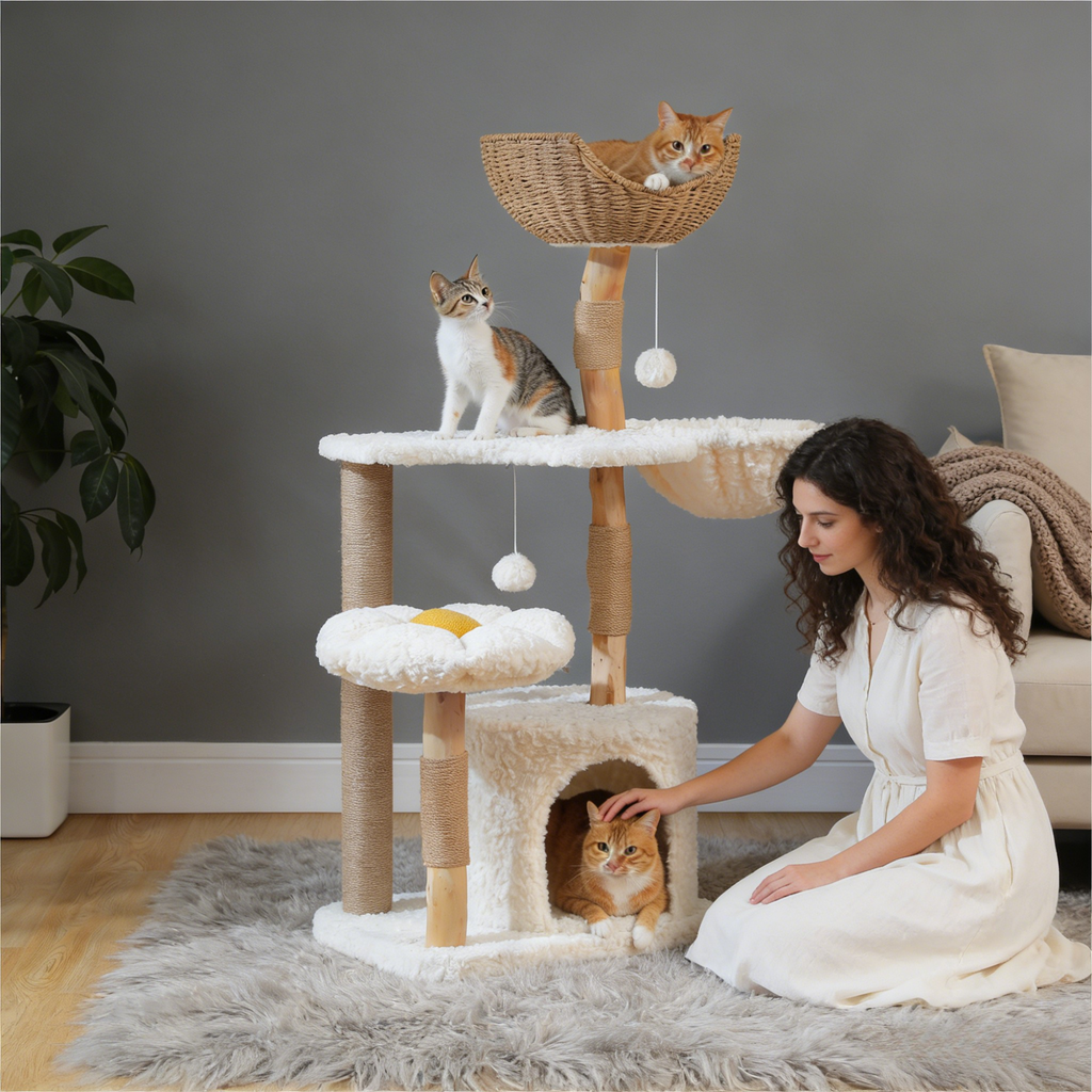 EcoPawPaw Natural Wood Cat Tree with Handwoven Rattan Basket, Hammock & Cat Condo | 123cm Luxury Cat Tower for Indoor Cats