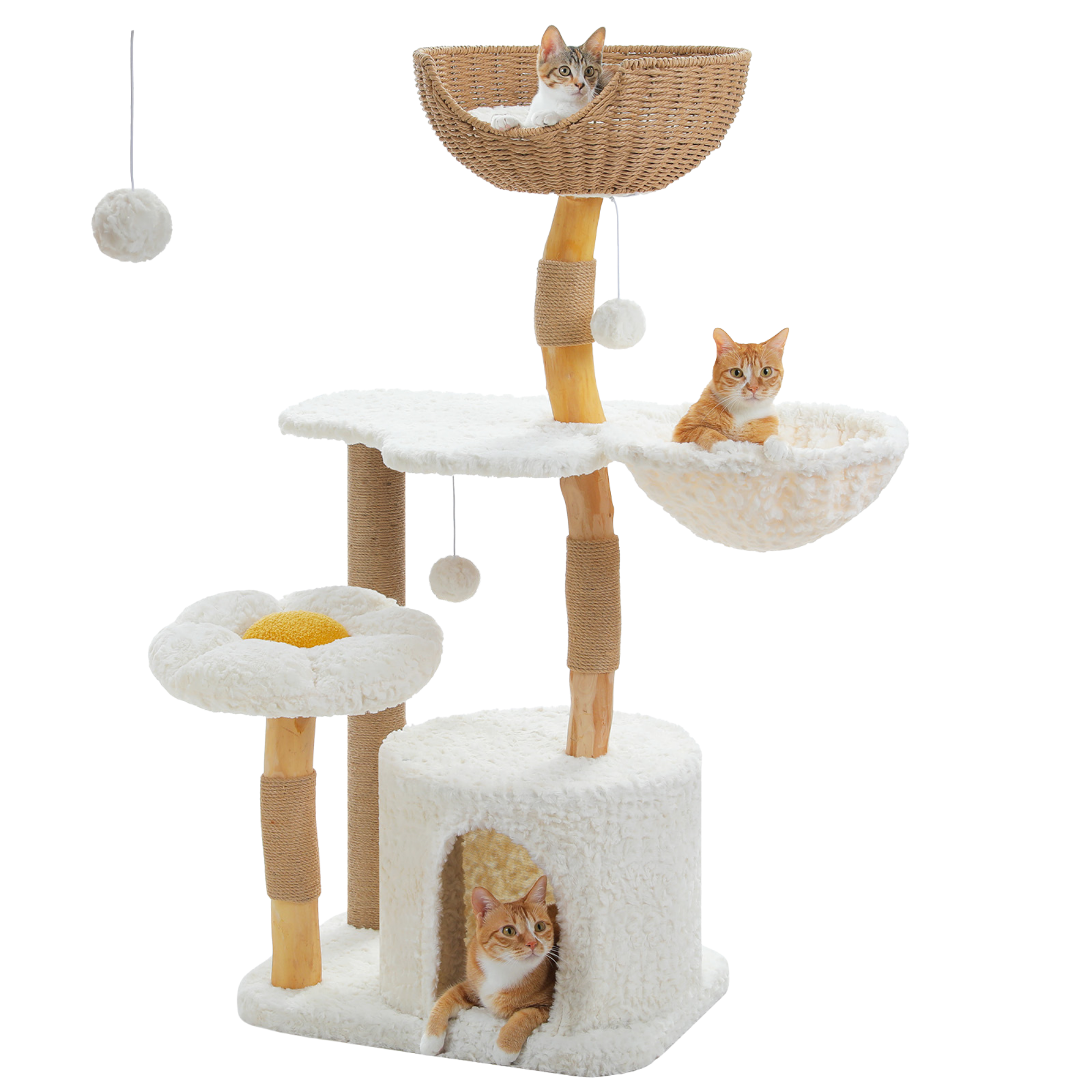 EcoPawPaw Natural Wood Cat Tree with Handwoven Rattan Basket, Hammock & Cat Condo | 123cm Luxury Cat Tower for Indoor Cats