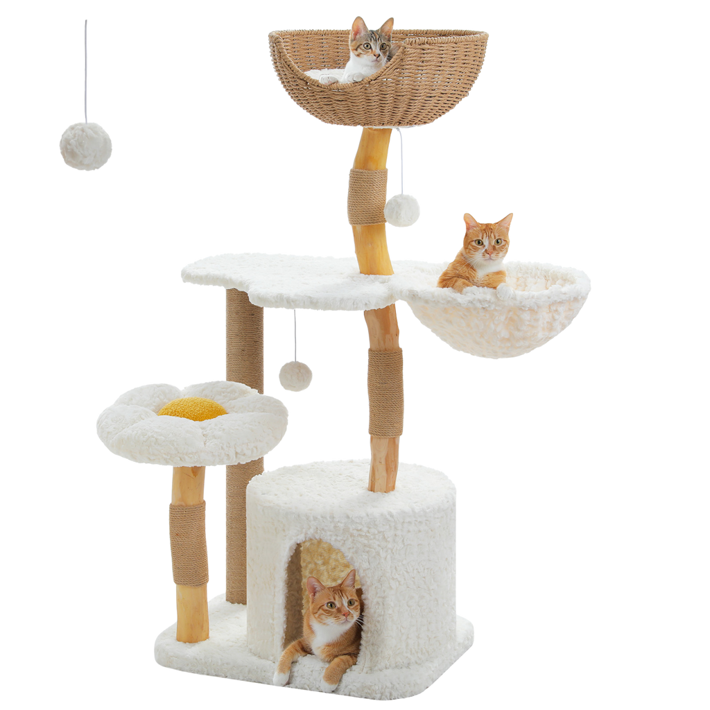 EcoPawPaw Natural Wood Cat Tree with Handwoven Rattan Basket, Hammock & Cat Condo | 123cm Luxury Cat Tower for Indoor Cats