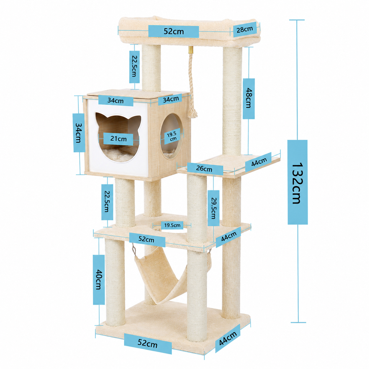 EcoPawPaw 132cm Modern Wooden Cat Tree with Cozy Condo, Hammock & Large Top Perch
