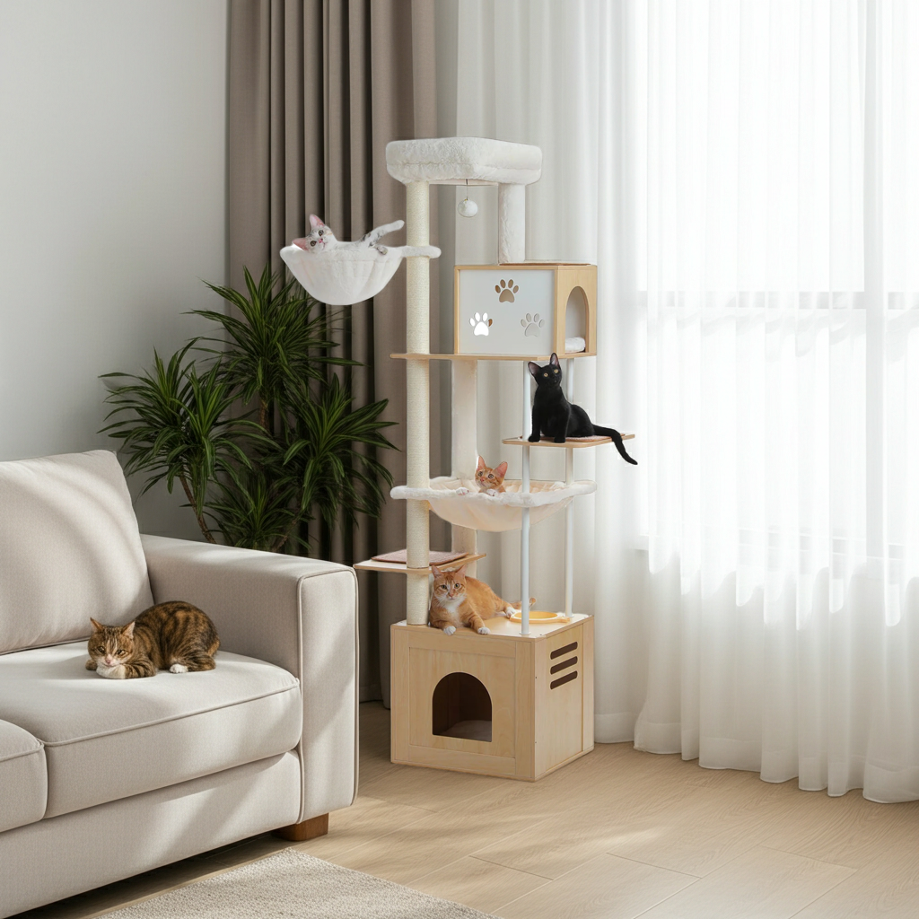 190cm Large Wooden Cat Tree with Food Station