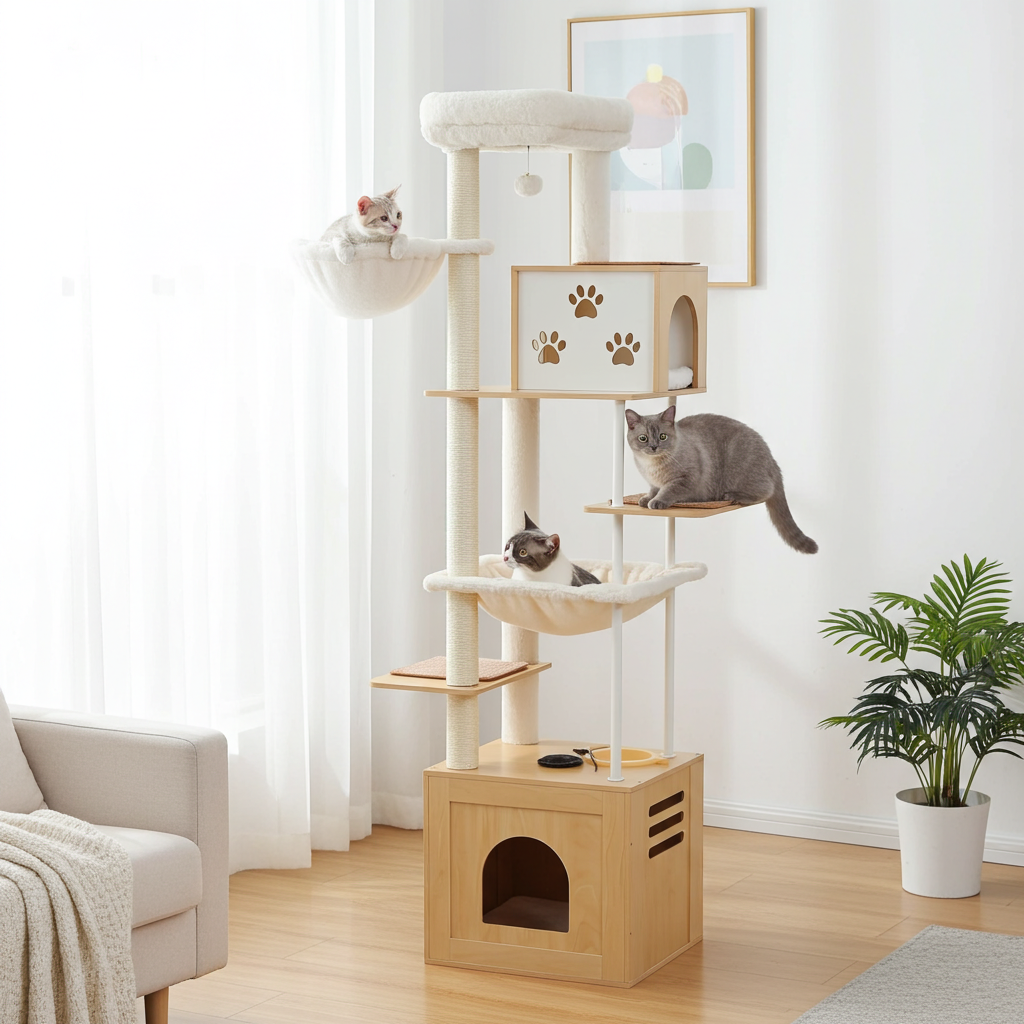 190cm Large Wooden Cat Tree with Food Station