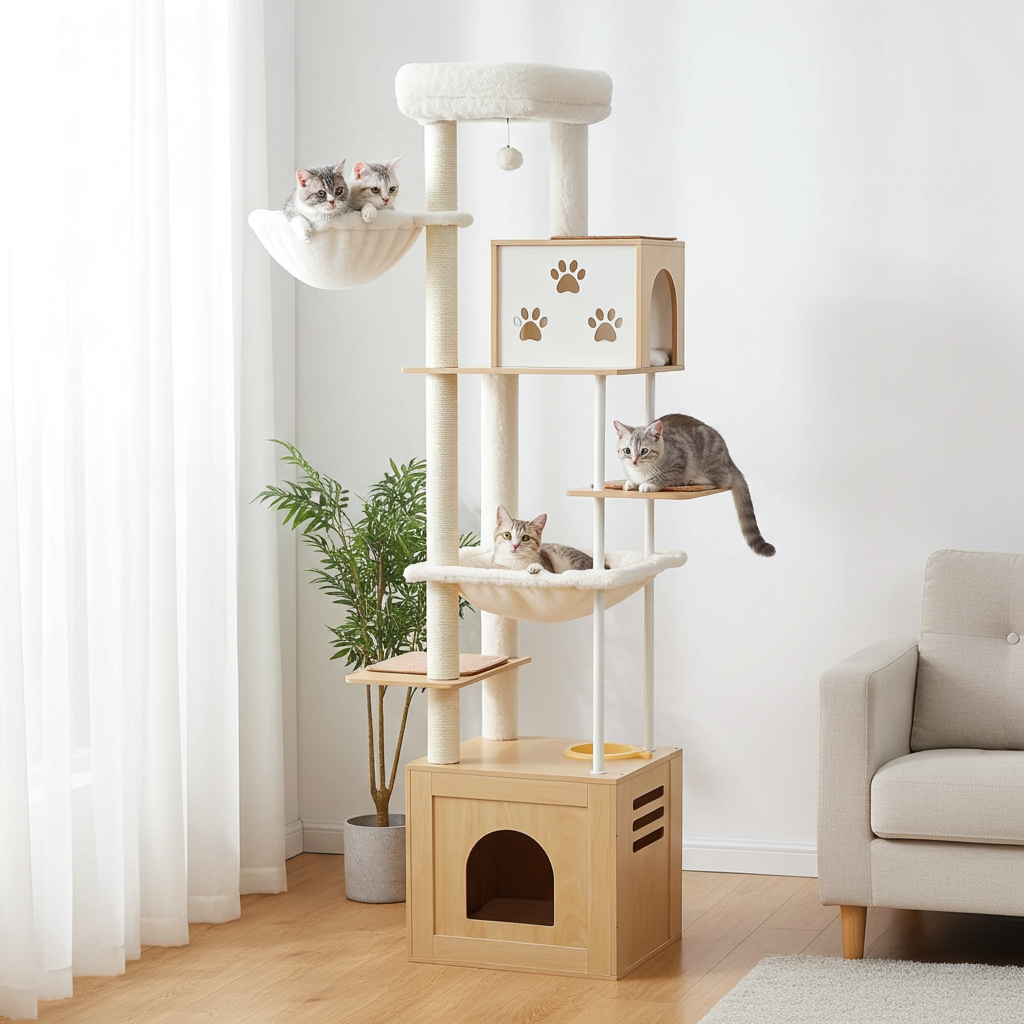 190cm Large Wooden Cat Tree with Food Station