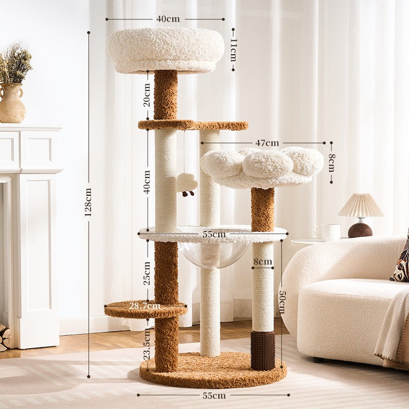 EcoPawPaw 128cm Flower Cat Tree with Transparent Hammock & Sisal Scratching Posts